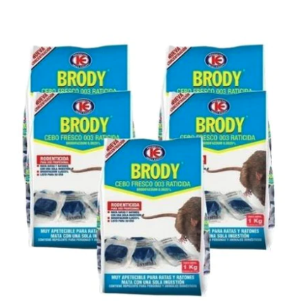 Raticida Brody cebo fresco para matar ratas y ratones (Brodifacoum) 5 bolsas de 1Kg